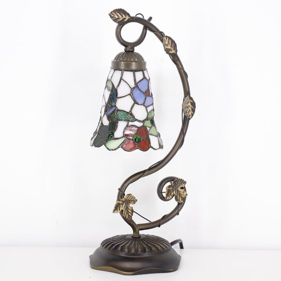 Tiffany Style Handcrafted Stained Glass Flower Butterfly Metal Leaf Base - Picture 3 of 4